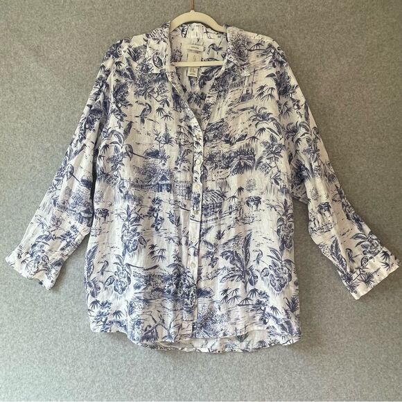 Joie Blue and White Linen Long Sleeve Blouse 2X - Picture 1 of 10